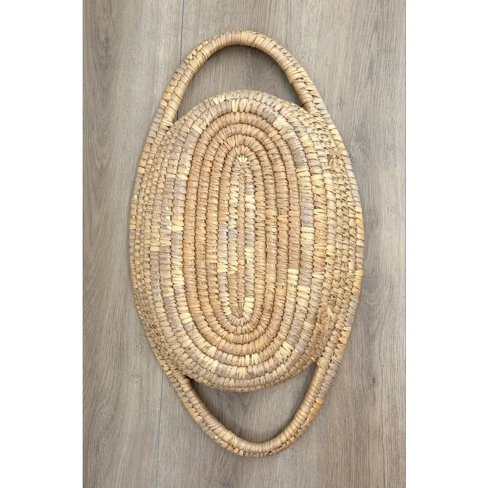 Vintage Boho Hand Woven Coil Straw Basket Tray, Oval Serving Platter, Wall Art